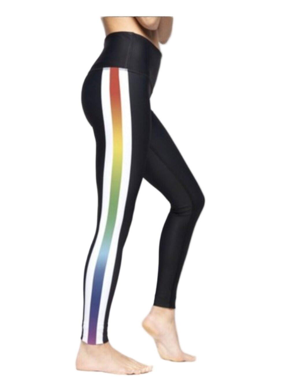 Playground Black Rainbow Stripe Athletic Workout Full Length Leggings - Medium